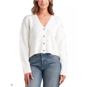 NEW BCX Embellished Cardigan Size XL White Heart Rhinestone Studded Crop Sweater